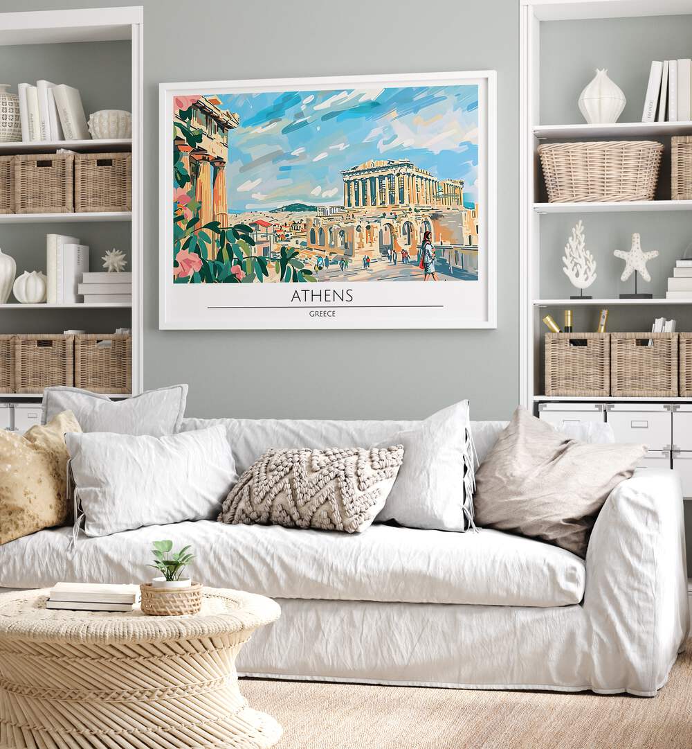 Vibrant ATHENS CAPITAL CITY - GREECE, TRAVEL POSTERS showcased in a cozy living room setting, perfect for your home decor.