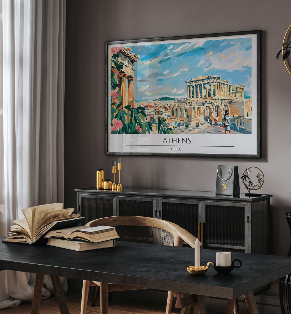 Stylish ATHENS CAPITAL CITY - GREECE TRAVEL POSTERS showcasing vibrant culture and historical landmarks in a modern setting.