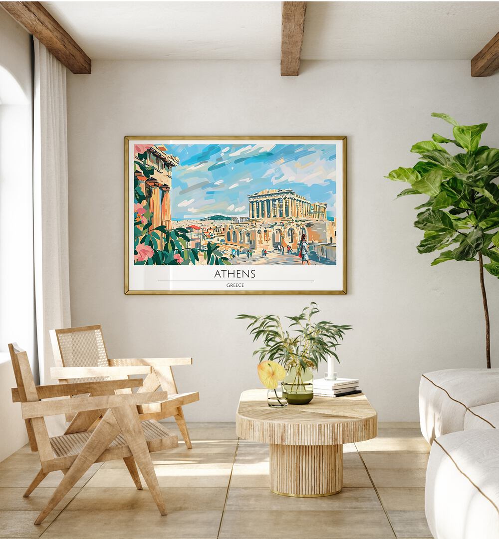 Vibrant ATHENS CAPITAL CITY - GREECE, TRAVEL POSTERS showcasing iconic landmarks in a stylish interior setting.