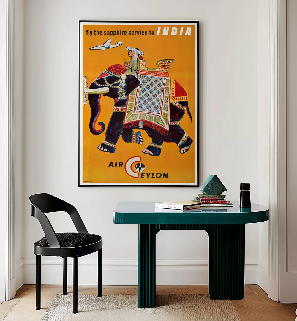 Bright AIR CEYLON Vintage Travel Posters featuring an elephant and traveler, perfect for adventure-themed decor.
