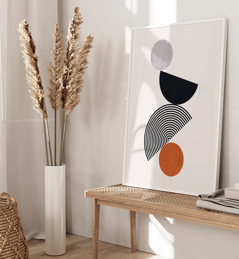 Captivating BALANCE I, BOHO ART PAINTINGS display featuring serene geometric shapes, enhancing your tranquil space beautifully.