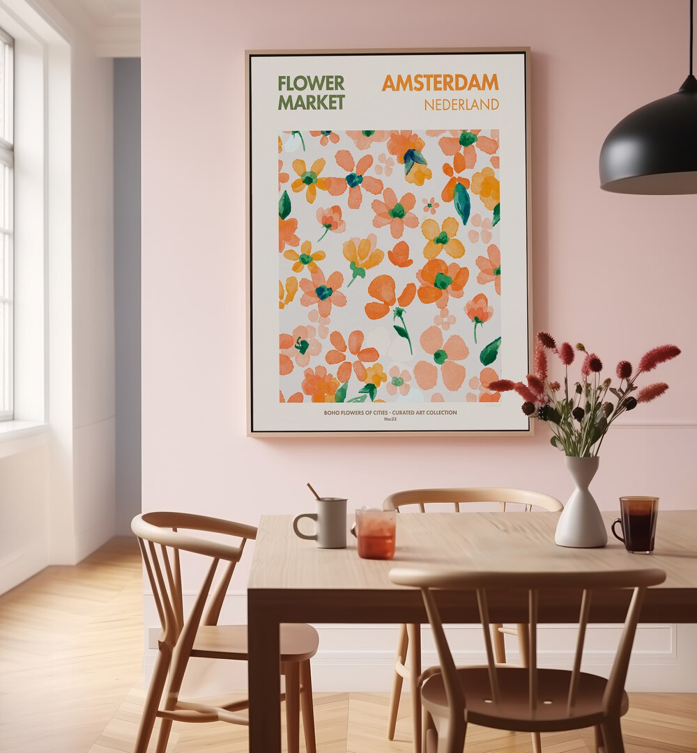 Vibrant AMSTERDAM, FLORAL FLOWER PAINTINGS brighten a chic dining area, showcasing art by Emel Tunaboylu.