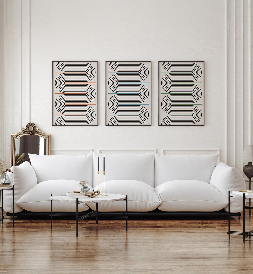 Stylishly arranged, the GEOMETRICAL TIDAL MOODS SET, SET OF 3 PAINTINGS enhances modern living spaces with abstract art.