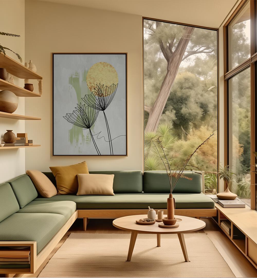 Stylish living room featuring ABSTRACT BOTANICAL, FLORAL FLOWER PAINTINGS that enhance modern decor with natural beauty.