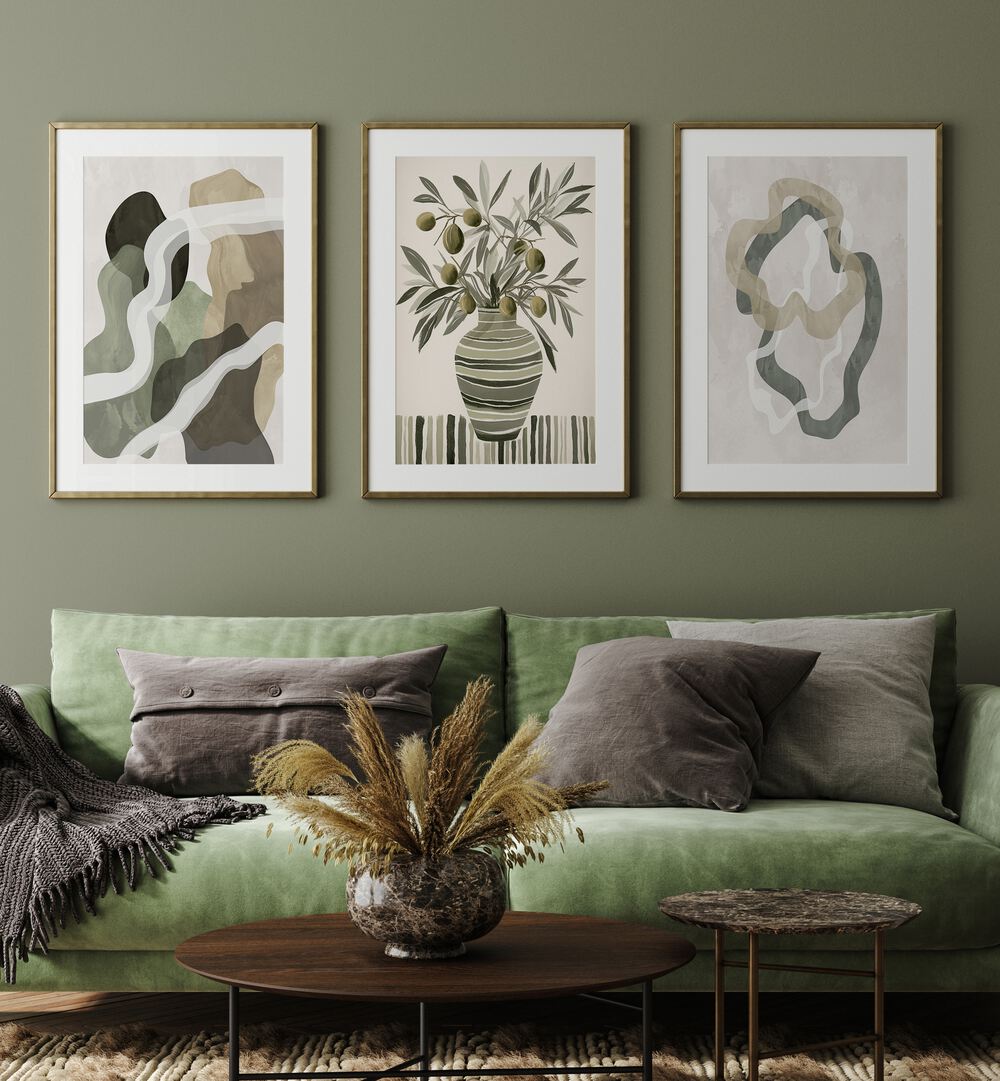 Transform your space with the OLIVE ESSENCE, SET OF 3 PAINTINGS, featuring calming hues and organic forms.