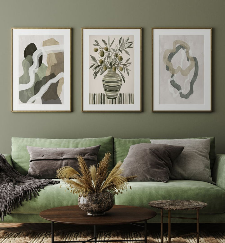 Transform your space with the OLIVE ESSENCE, SET OF 3 PAINTINGS, featuring calming hues and organic forms.