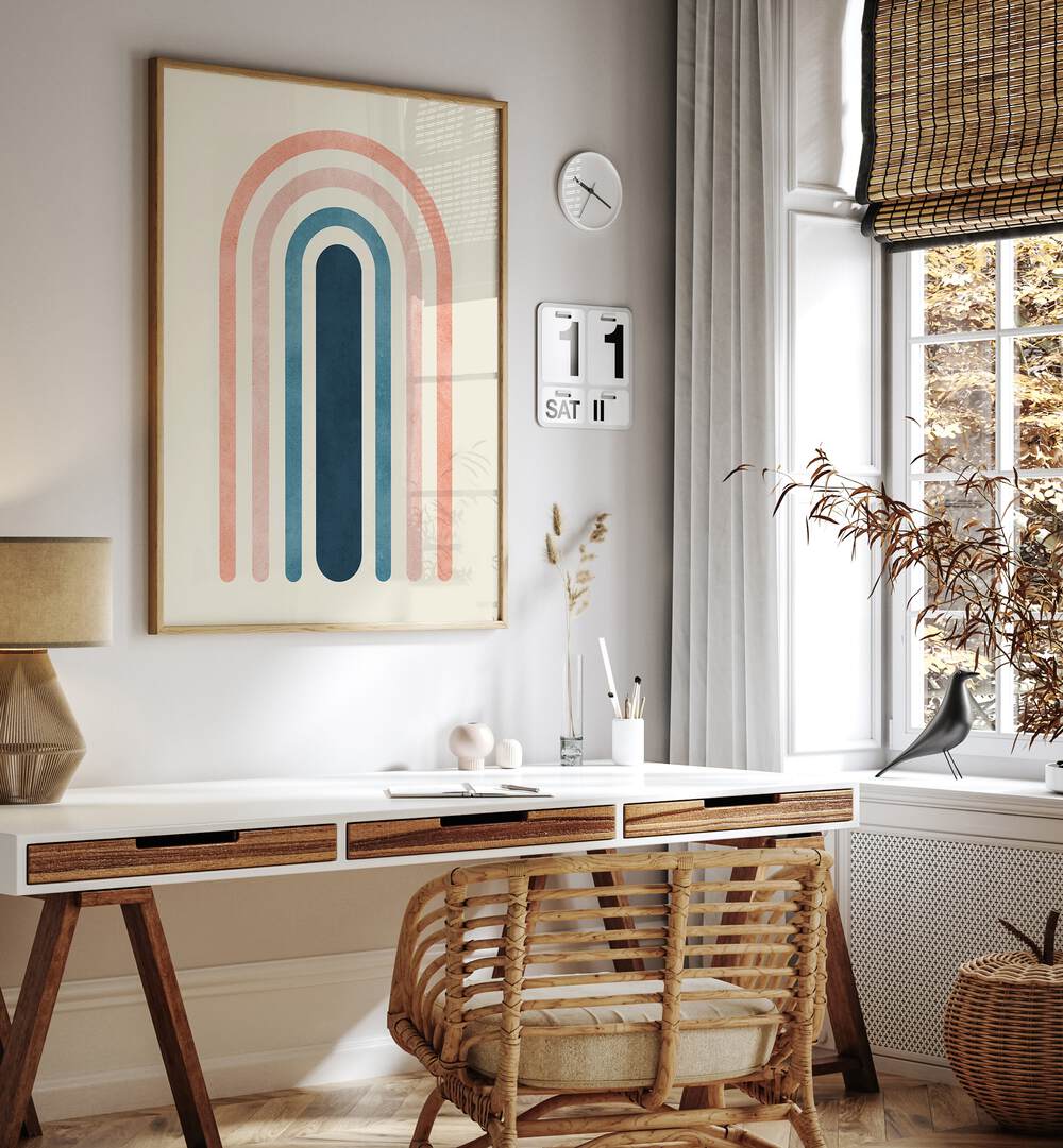 Modern workspace featuring LINES AND ARCS III, BOHO ART PAINTINGS, enhancing creativity and style in home decor.
