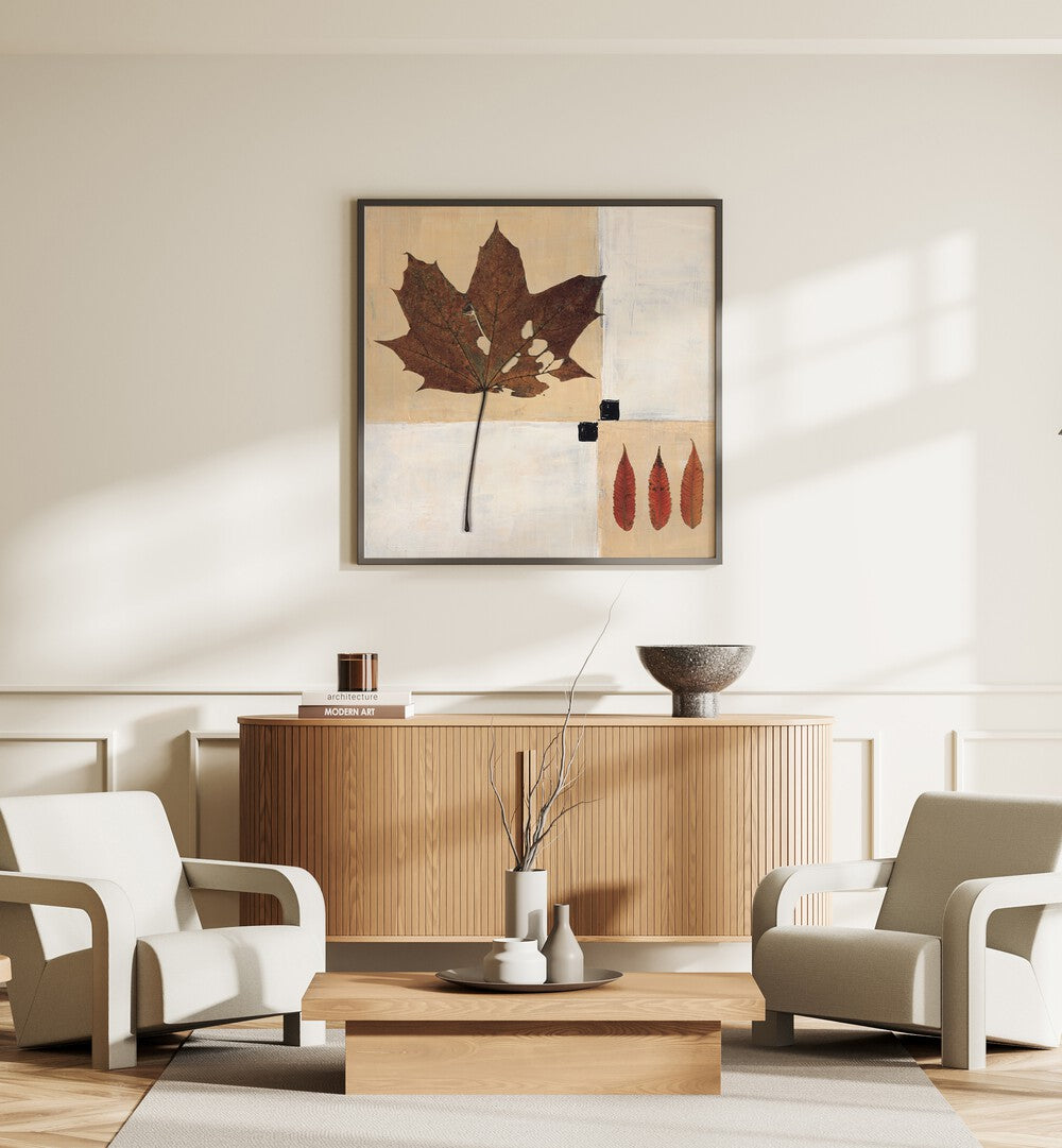 Elegant AUTUMN LEAF HARMONY, FLORAL FLOWER PAINTINGS showcasing warm autumn tones in a stylish living room setting.
