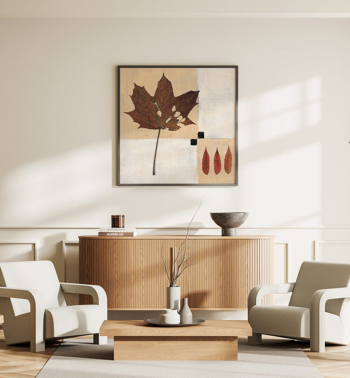 Elegant AUTUMN LEAF HARMONY, FLORAL FLOWER PAINTINGS showcasing warm autumn tones in a stylish living room setting.