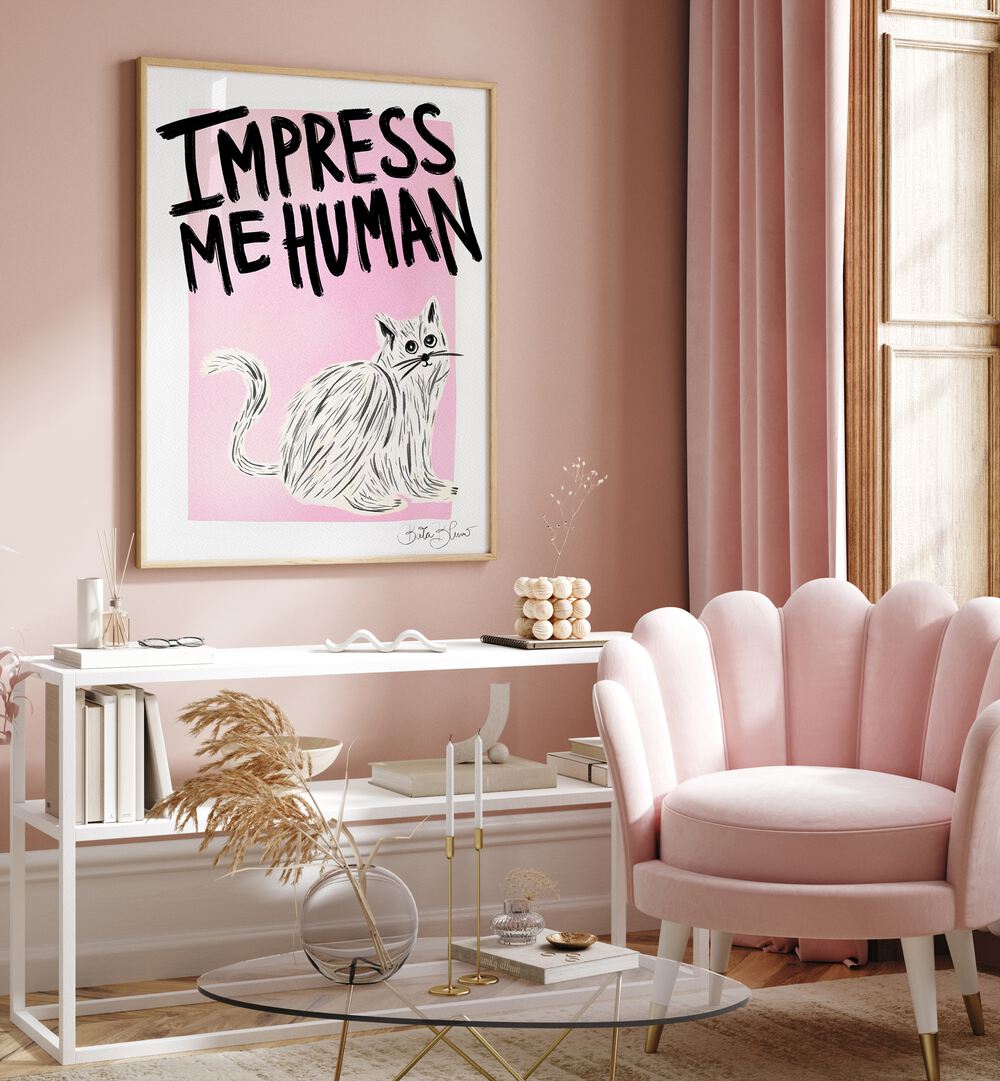 Transform your space with the IMPRESS ME HUMAN, VIBRANT art print featuring a playful cat design. Perfect for cat lovers!