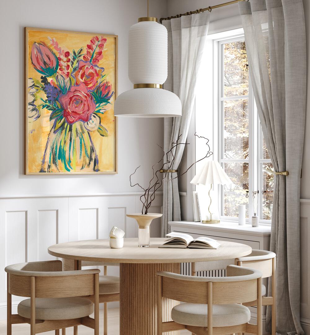 Bright and vibrant HAND PAINTED FLORAL, FLORAL FLOWER PAINTINGS adorn a stylish dining area, enhancing the décor.