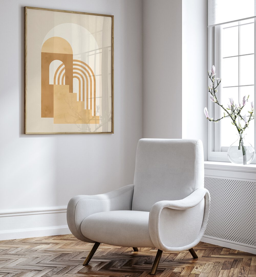 Stylish chair with geometric COMPOSITION, BOHO ART PAINTINGS on the wall, enhancing modern home aesthetics.