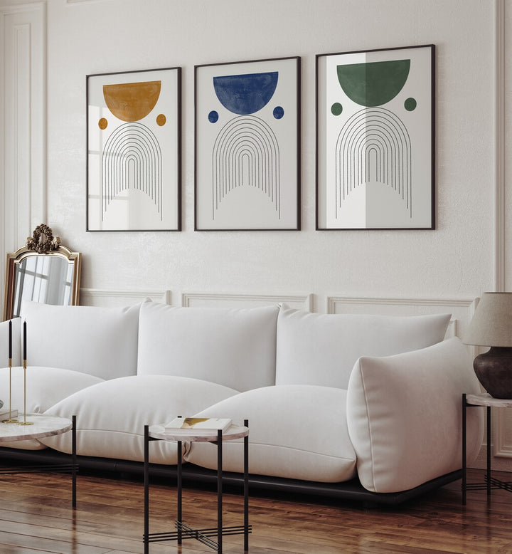 Elevate your space with the GEOMETRIC PASTEL SERENADE SET, SET OF 3 PAINTINGS featuring modern pastel designs.