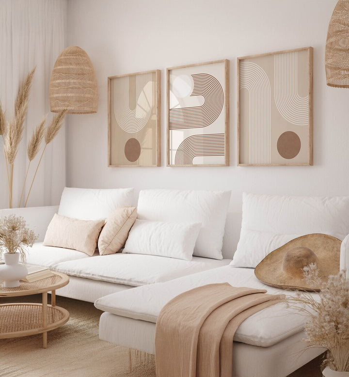 Ethereal curves set, set of 3 paintings enhancing a stylish living room with abstract elegance and tranquility.