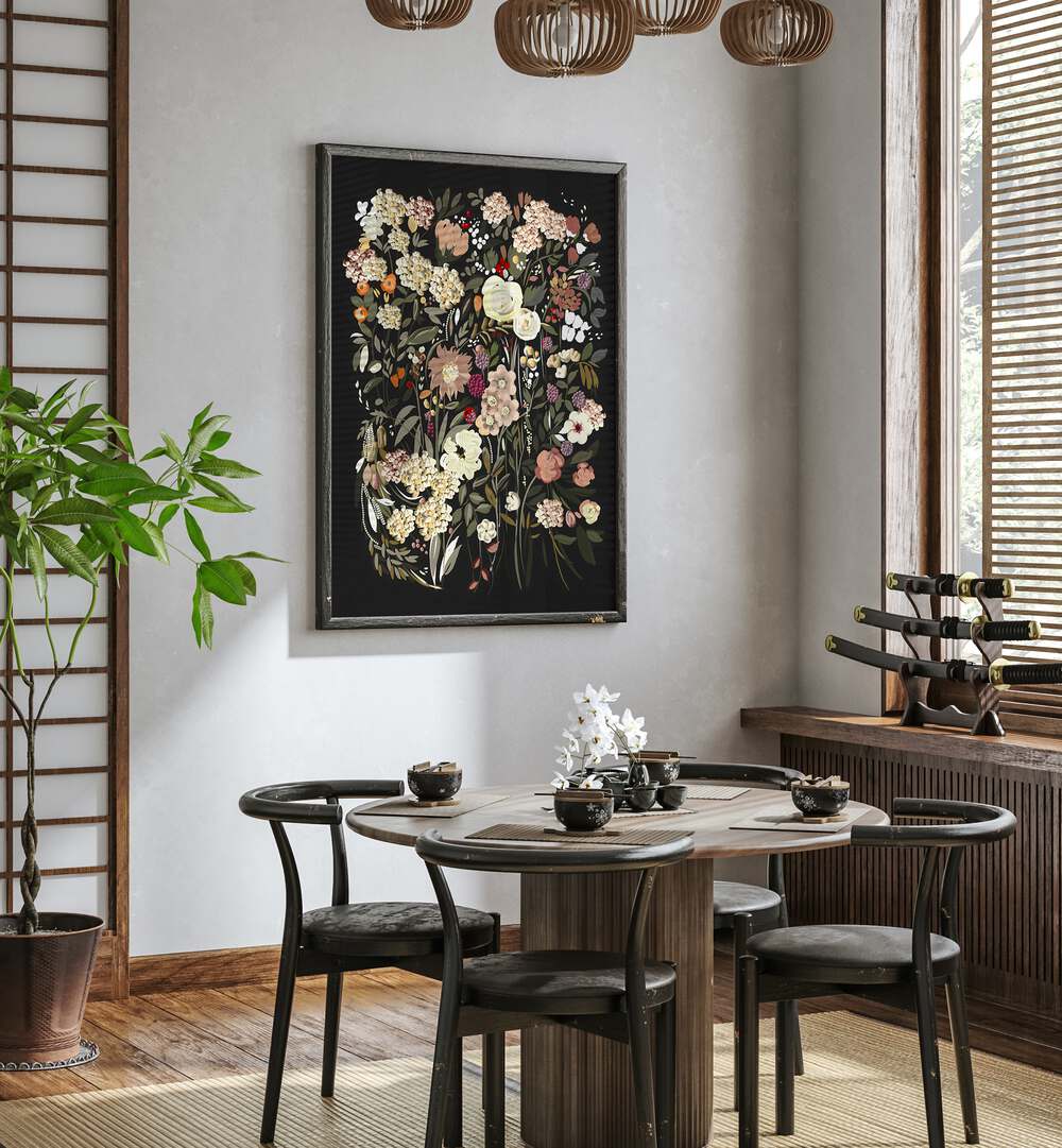 Elegant BLACK BOUQUET, FLORAL FLOWER PAINTINGS showcasing rich hues, enhancing any space with sophistication.