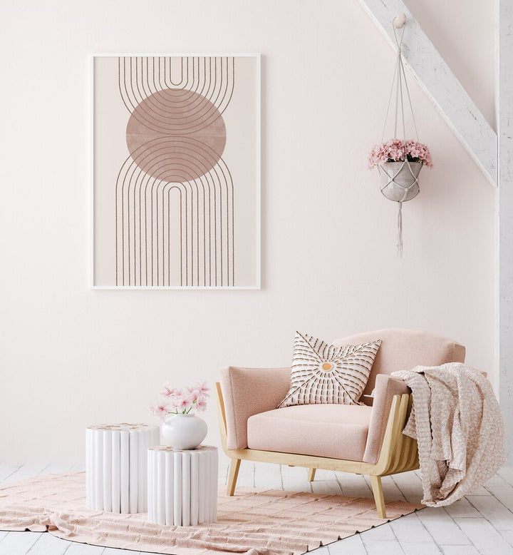 Stylish living room featuring ARCH COMPOSITION V, BOHO ART PAINTINGS from The Miuus Studio, enhancing modern decor.