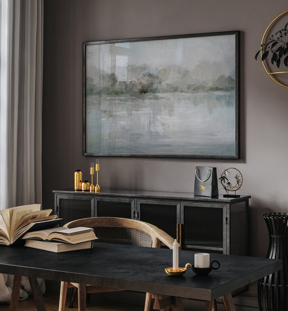 Serene interior featuring TRANQUIL MISTY LAKE, LANDSCAPE PAINTINGS, enhancing calm and beauty in any space.