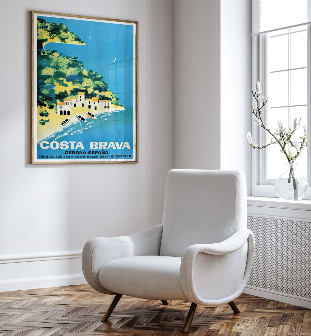 Costa Brava Vintage Travel Posters adorn a stylish room, capturing the Mediterranean's charm and beauty.