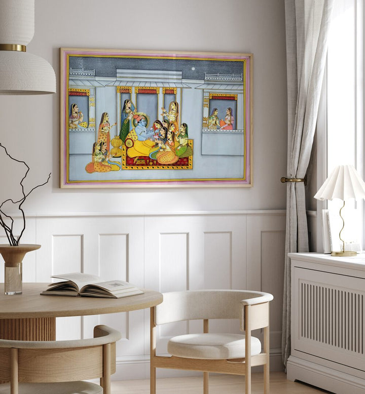 Elegant KRISHNA WITH GOPIKA'S, INDIAN ART PAINTINGS enriching a stylish living space with spiritual charm.