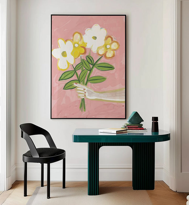 Brighten your space with the BUNCH OF FLOWERS PINK AND YELLOW, FLORAL PAINTINGS by Sharyn Bursic, celebrating nature's beauty.