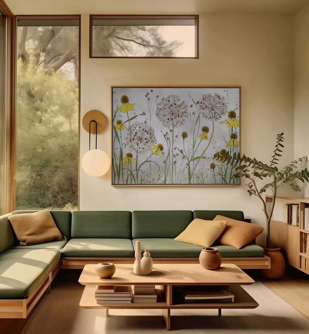 Vibrant ALLIUMS AND HELENIUMS, FLORAL FLOWER PAINTINGS brighten up a modern living space, showcasing stunning textures.