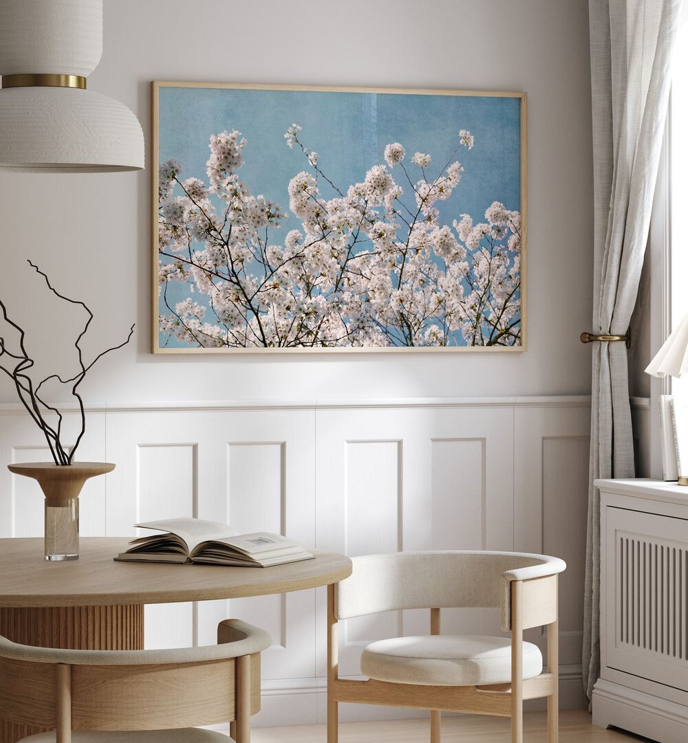 Stunning BLUE SKY BLOSSOMS, FLORAL FLOWER PAINTINGS brighten your space with ethereal blooms against a serene blue backdrop.