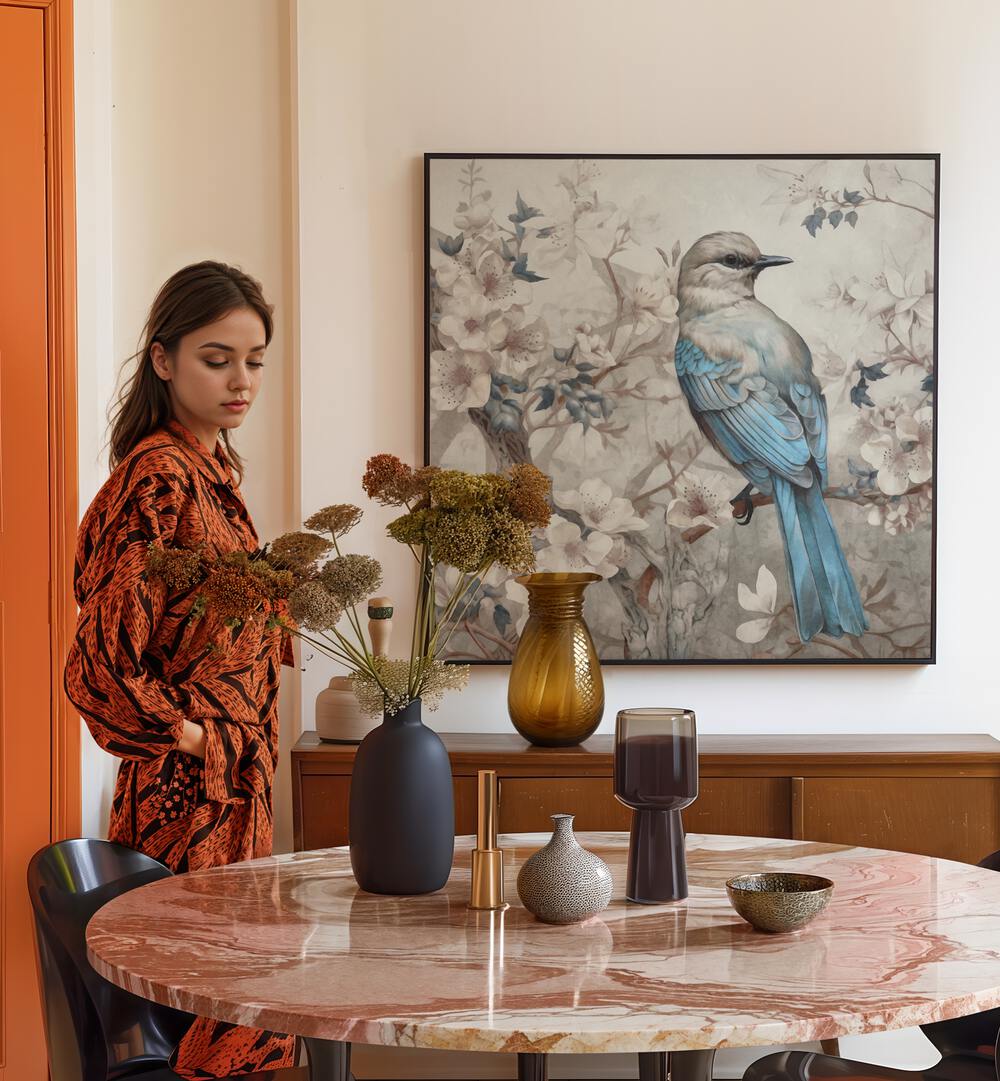 Stylish interior featuring CHINOISERIE BIRD II, ANIMAL PAINTINGS, capturing spring vibes by Andrea Haase.