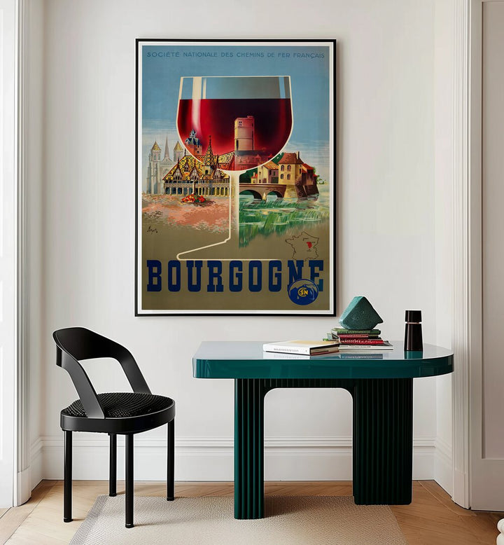 BOURGOGNE, VINTAGE TRAVEL POSTERS showcasing a stunning wine glass and scenic French countryside charm. Perfect decor.