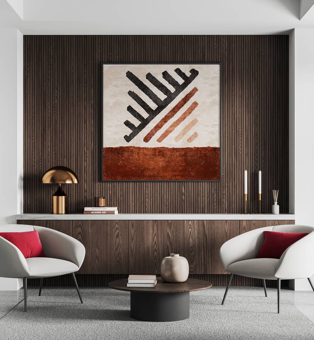 Geometrik Cizgili Kilim Kiremit, a stunning Boho art painting by Emel Tunaboylu, enhances modern interiors beautifully.
