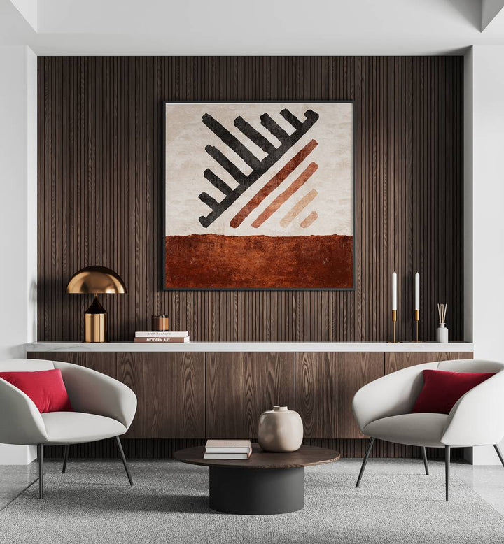 Geometrik Cizgili Kilim Kiremit, a stunning Boho art painting by Emel Tunaboylu, enhances modern interiors beautifully.
