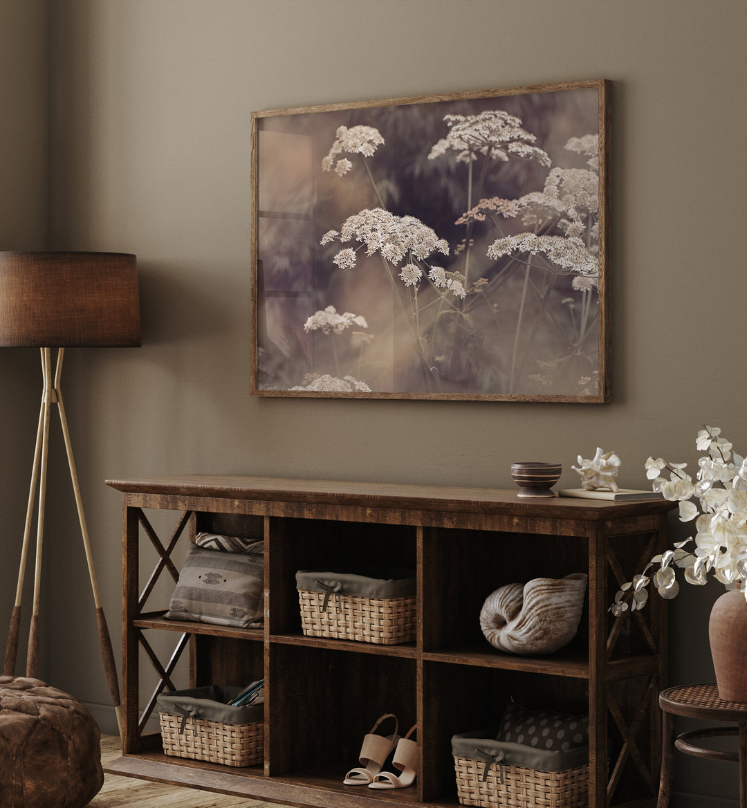 Elegant WILD PARSLEY, FLORAL FLOWER PAINTINGS adorn a cozy interior, highlighting nature's beauty in decor.