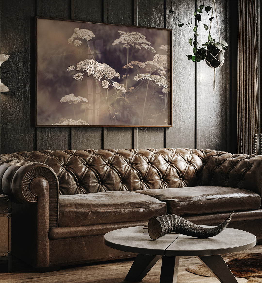 Elegant WILD PARSLEY, FLORAL FLOWER PAINTINGS adorning a cozy living room, enhancing your home decor with nature's beauty.