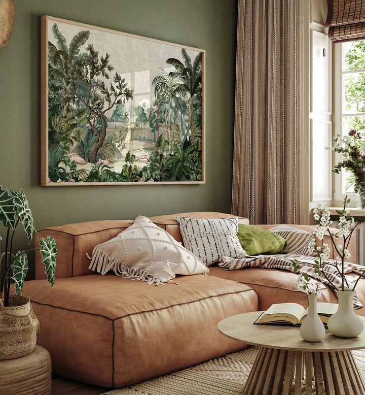 Lush jungle art featuring a serene landscape with river and palms, perfect for floral flower paintings enthusiasts.