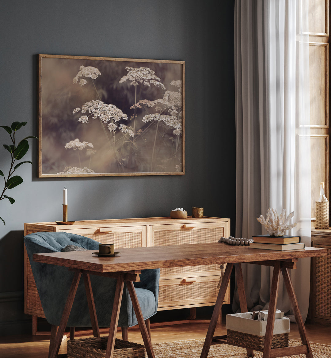 Elegant WILD PARSLEY, FLORAL FLOWER PAINTINGS enhancing a modern room's decor with a touch of nature's beauty.