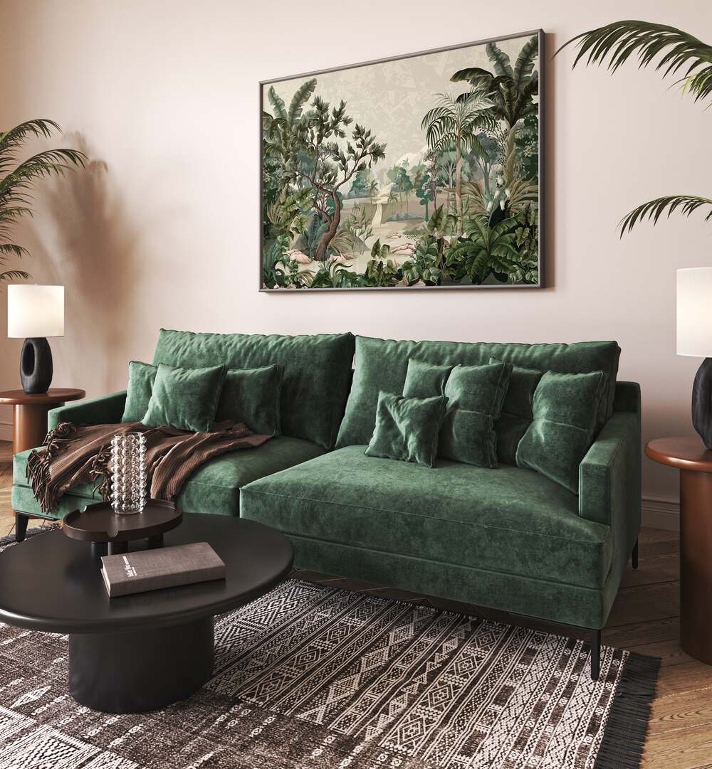 Lush interior featuring LANDSCAPE WITH RIVER AND PALMS, FLORAL FLOWER PAINTINGS, enhancing serene home decor.