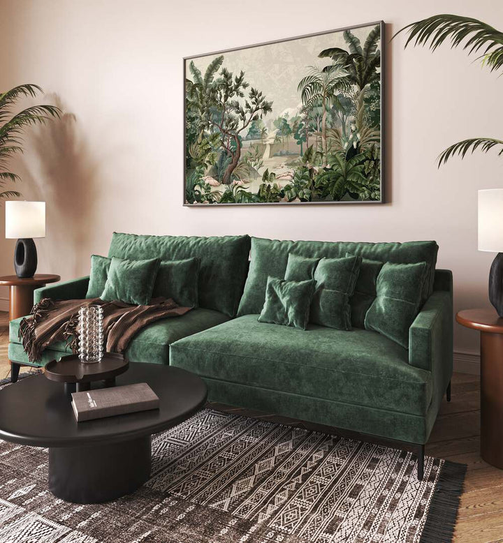 Lush interior featuring LANDSCAPE WITH RIVER AND PALMS, FLORAL FLOWER PAINTINGS, enhancing serene home decor.
