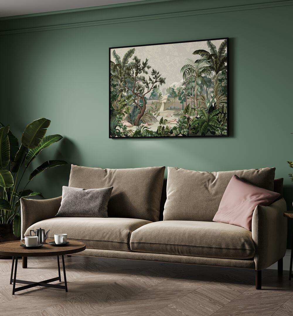 Serene LANDSCAPE WITH RIVER AND PALMS, FLORAL FLOWER PAINTINGS enhance your space with tropical beauty. Perfect for decor!