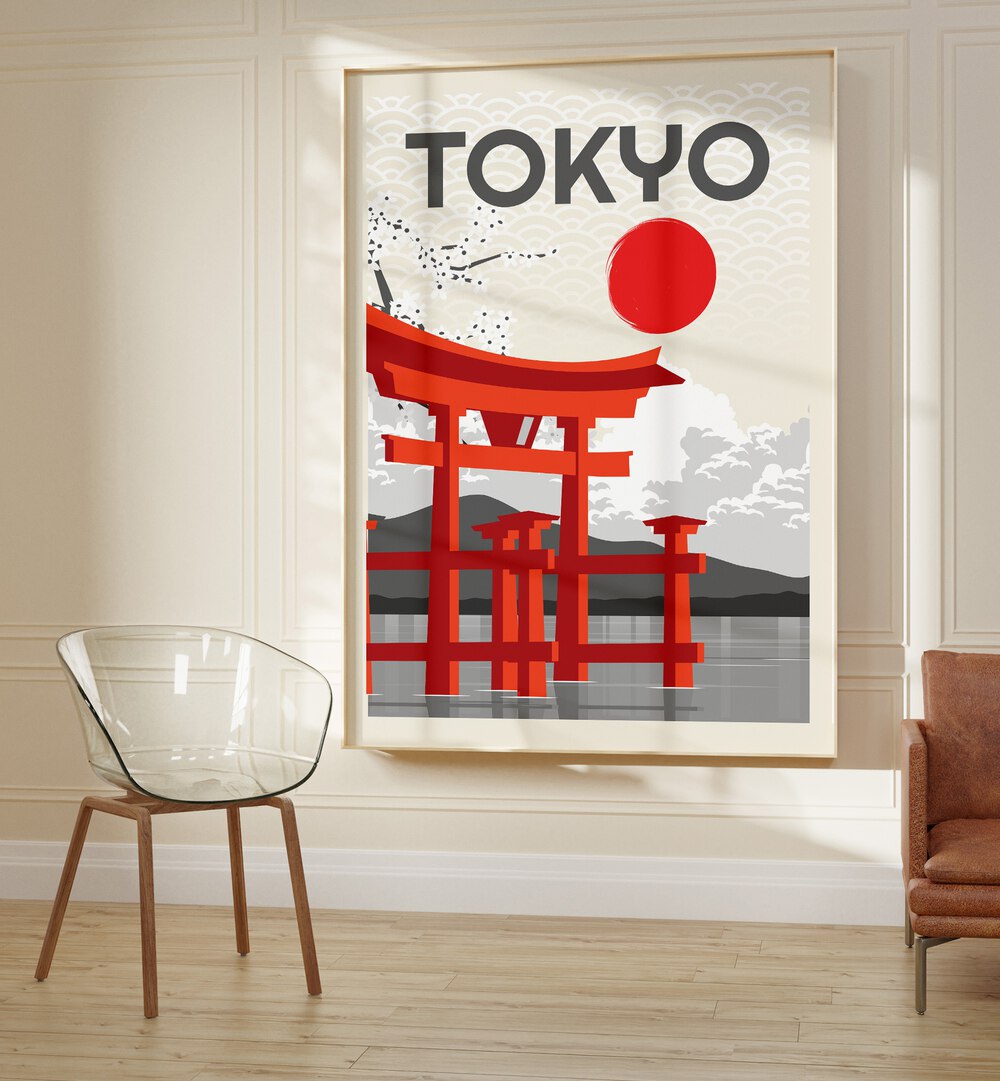 Vibrant TOKYO SUN, JAPANESE PAINTINGS capturing Tokyo's essence with striking colors and traditional architecture.