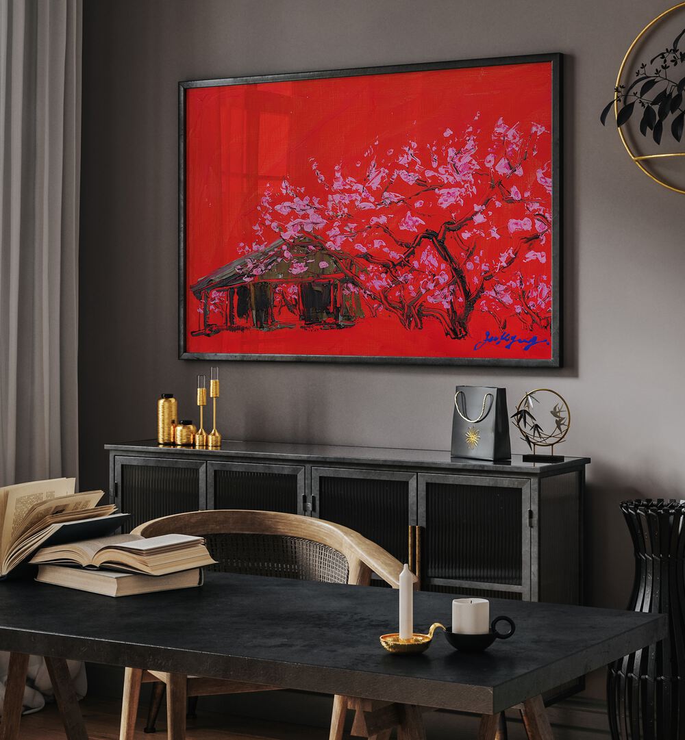 Vibrant PEACH BLOSSOM CANVAS, FLORAL FLOWER PAINTINGS enhancing a modern interior with rich colors and textures.