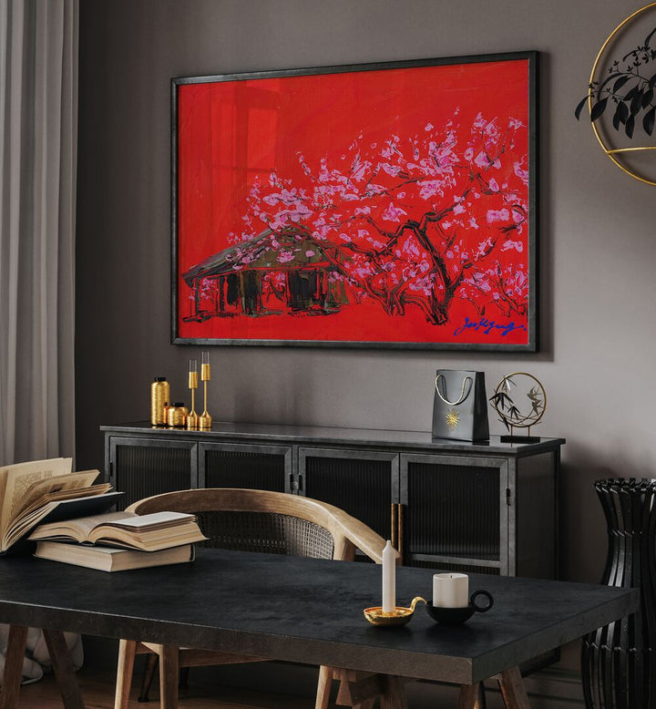 Vibrant PEACH BLOSSOM CANVAS, FLORAL FLOWER PAINTINGS enhancing a modern interior with rich colors and textures.