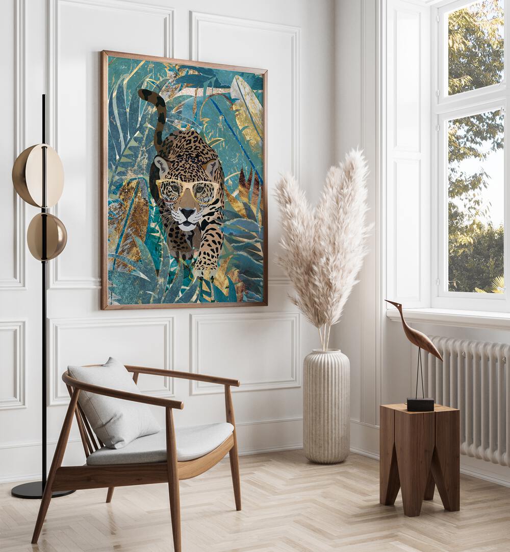 Curious jaguar in the rainforest artwork by Sarah Manovski, a stunning addition to animal paintings collection.