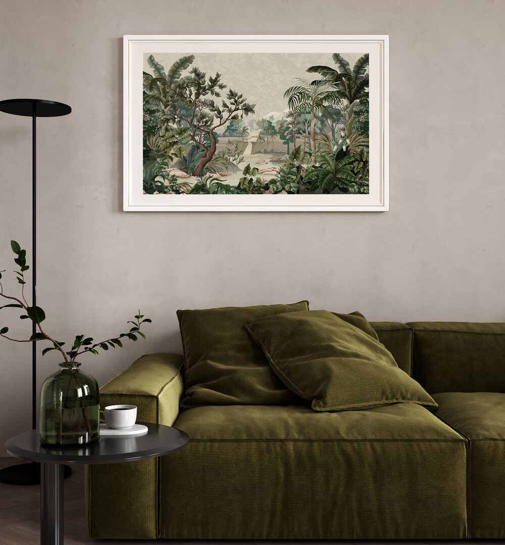 Serene landscape with river and palms, showcasing floral flower paintings for tranquil home decor. Perfect for nature lovers.