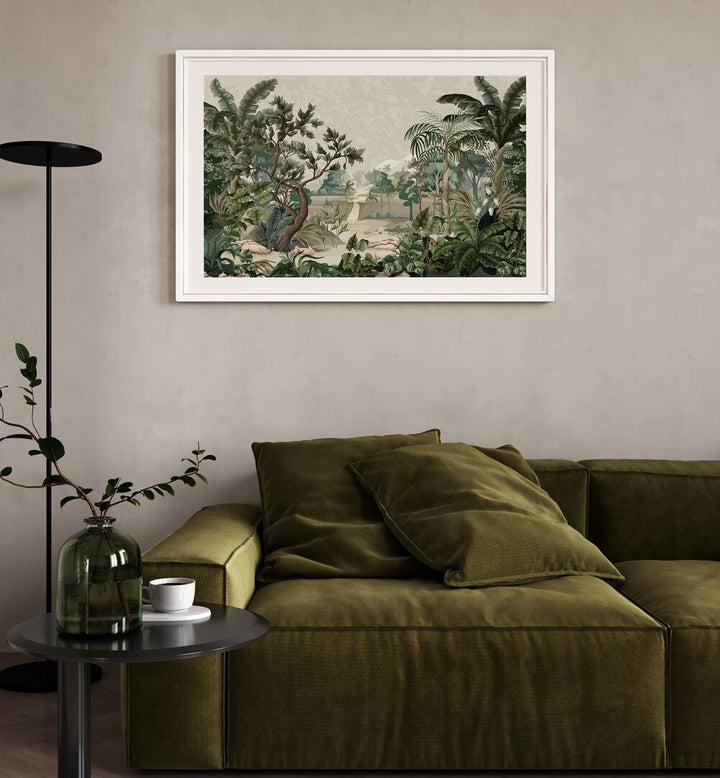 Serene landscape with river and palms, showcasing floral flower paintings for tranquil home decor. Perfect for nature lovers.