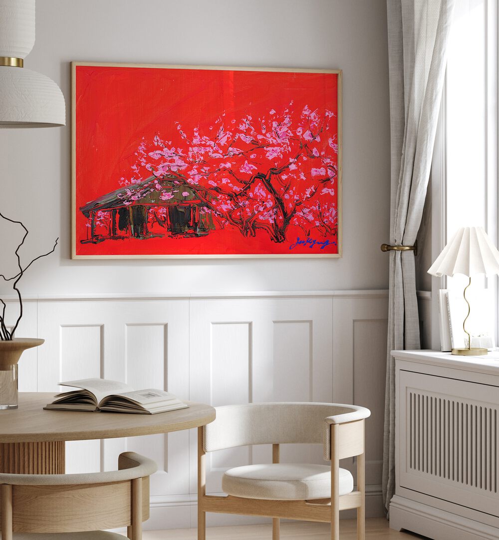 Bright and vibrant PEACH BLOSSOM CANVAS, FLORAL FLOWER PAINTINGS enhancing a modern interior space.