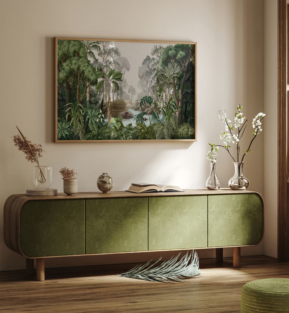 Lush jungle scene featuring a river and palms, perfect for LANDSCAPE WITH RIVER AND PALMS, FLORAL FLOWER PAINTINGS.