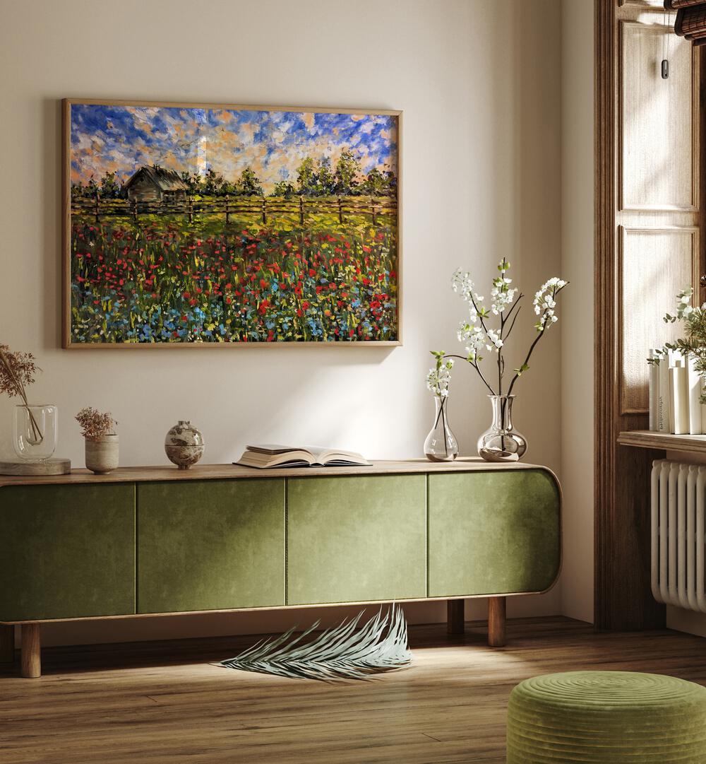 Vibrant COUNTRYSIDE, LANDSCAPE PAINTINGS enhancing a stylish living space with natural beauty and tranquility.