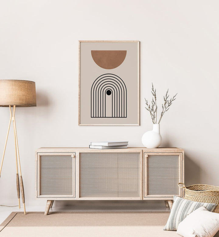 Stylish living room featuring COMPOSITION V, BOHO ART PAINTINGS with unique lines and circles design for creative inspiration.