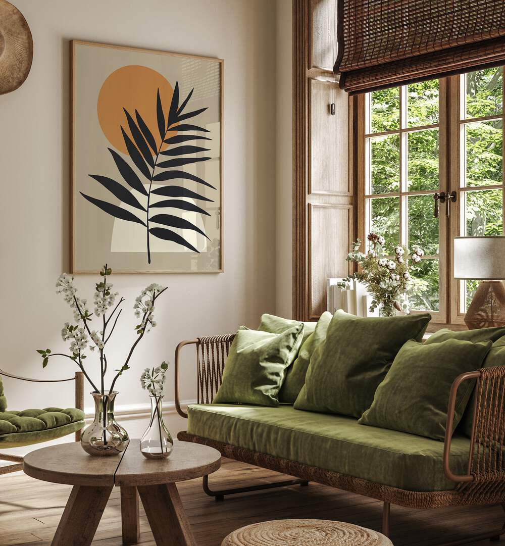 Stylish living room featuring COMPOSITION IV, BOHO ART PAINTINGS, enhancing the space with elegance and nature's beauty.