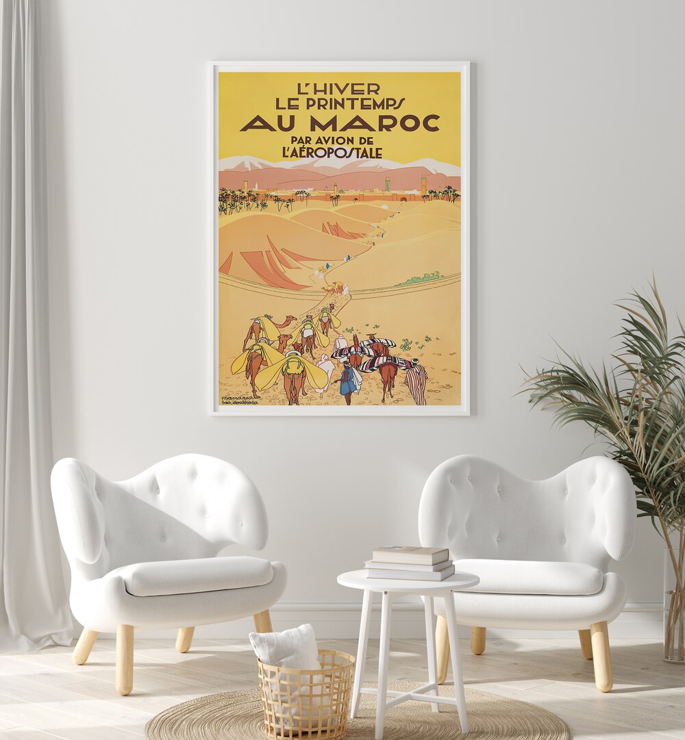 Capture nostalgia with AVIATION AEROPOSTALE, VINTAGE TRAVEL POSTERS, showcasing adventure in a vibrant Moroccan landscape.