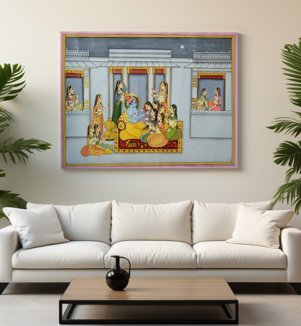 Exquisite KRISHNA WITH GOPIKA'S, INDIAN ART PAINTINGS adorning a stylish living room, showcasing divine artistry.